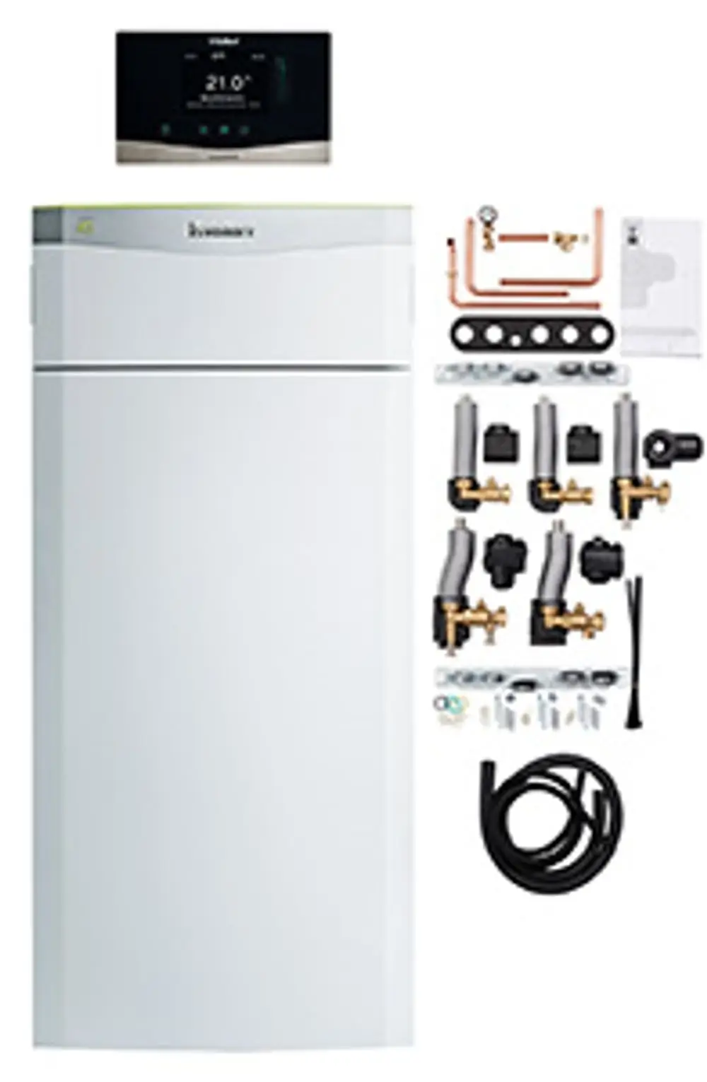 Vaillant Heizgerät in Weiß, ausgestattet mit verschiedenen Kupferrohren, Ventilen und Montagezubehör, positioniert vor einer neutralen Umgebung.